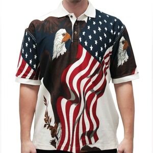 American Summer The Eagle Has Landed Bald Eagle American Flag Polo, Size Large